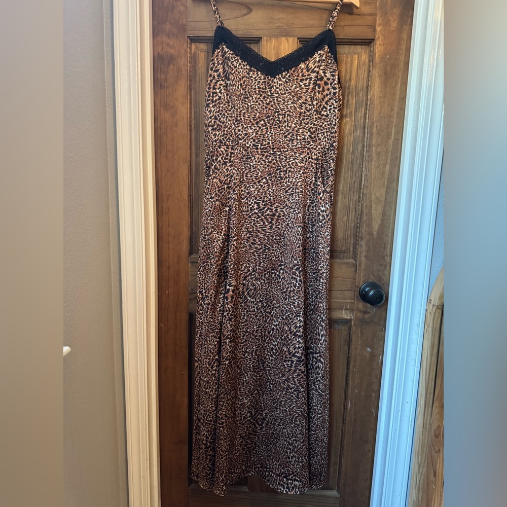 Idyllwind By Miranda Lambert Leopard Print Maxi Slip Dress with Black Lace Trim